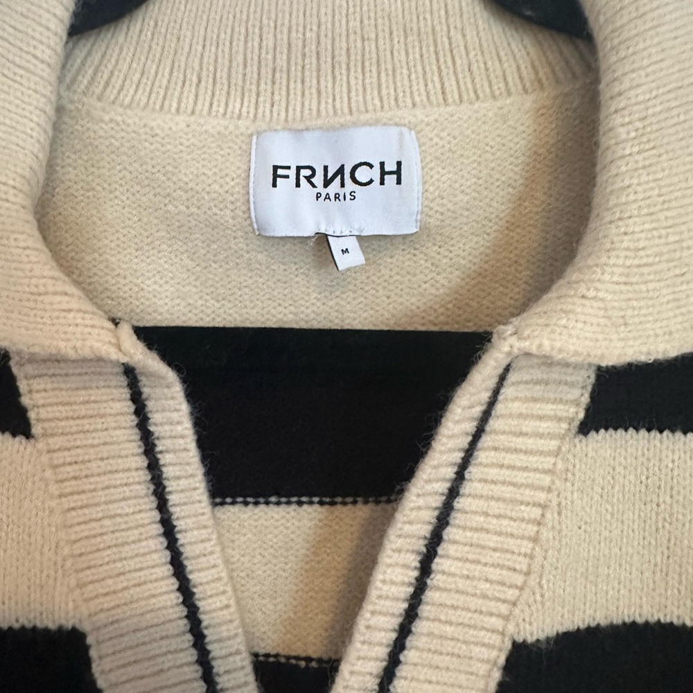 FRNCH Cream & Black Striped V-Neck Polo Sweater - Picture 2 of 3